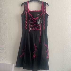 Gaudi Leathers Dress 44 US 14 Black Pink Ribbon Lace Dirndl Dress Corset NEW